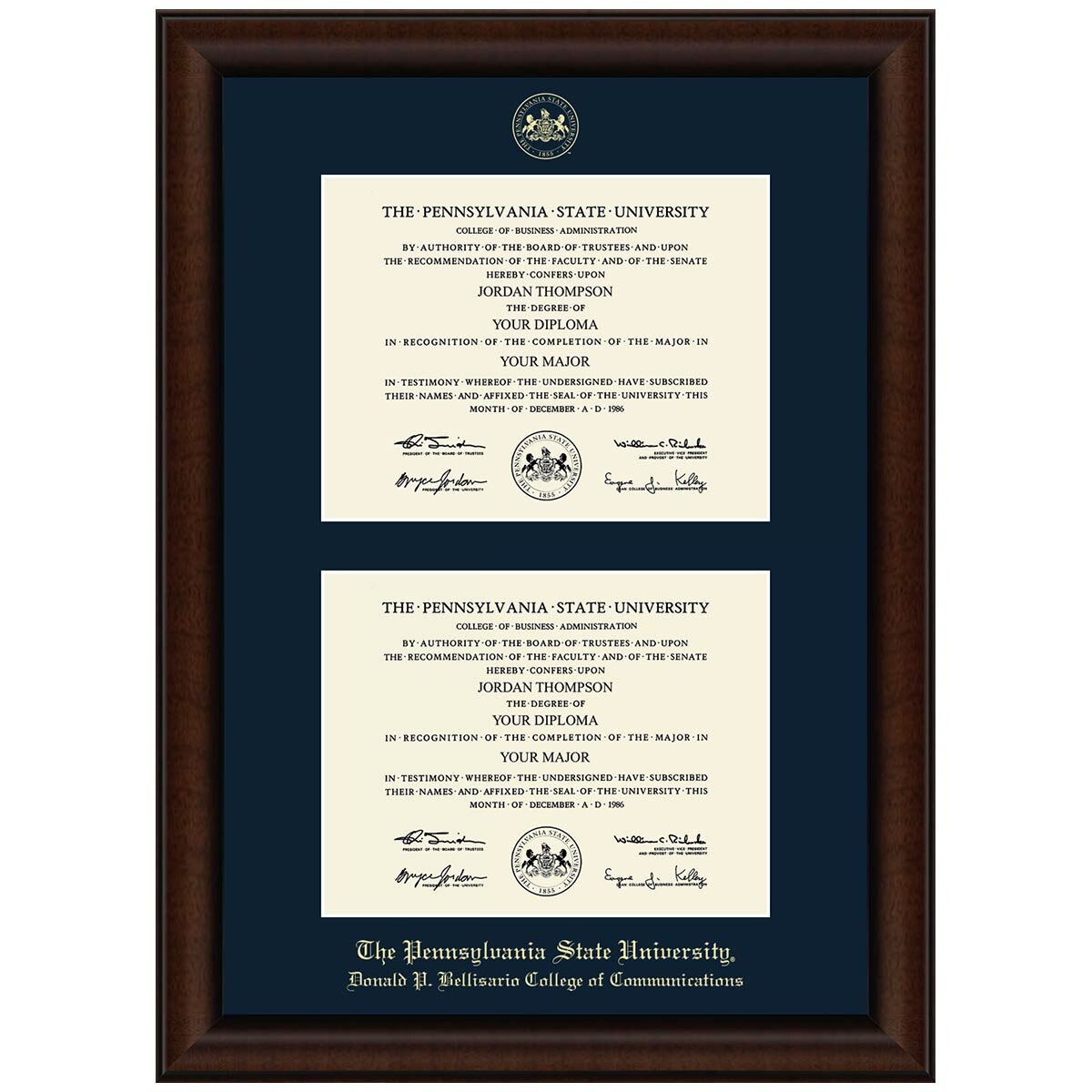 #106 Penn State Donald P. Bellisario College of Communications double diploma frame Lenox (Walnut)